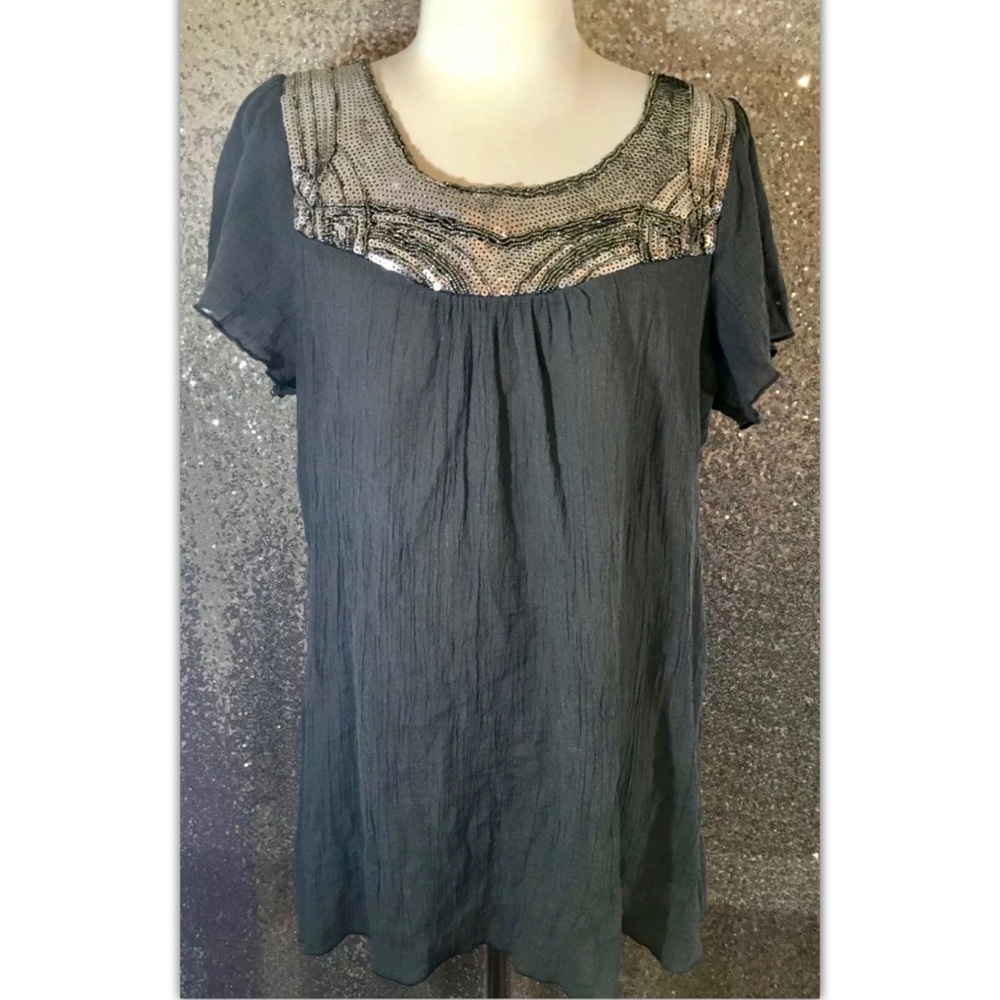 Dressbarn Size 14 16 Top Gray Silver Sequin Blouse